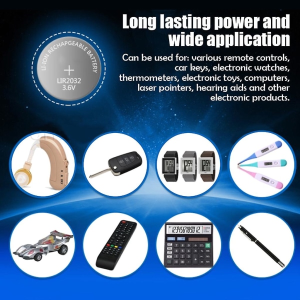2 stk bærbart Lir2032-batteri Oppladbart Lir2032-battericellebatteri for klokker, kalkulatorer og mini-lommelykter