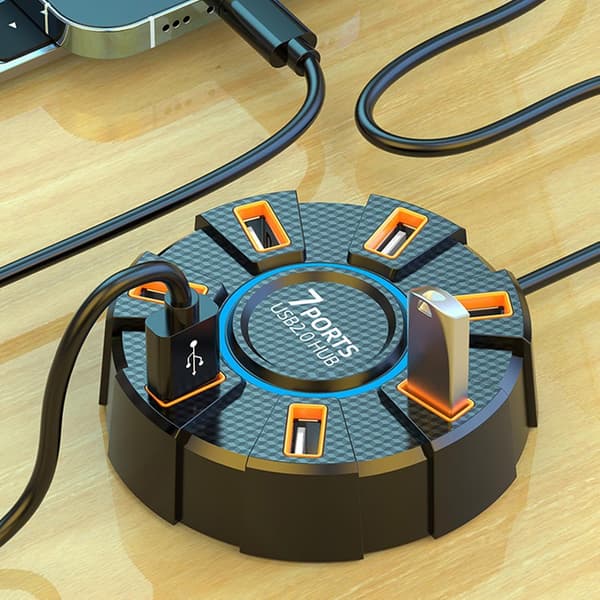 Splitterkabel, adapterporter, rund USB-hub, rund design data 7 porter bærbar praktisk tilbehør fargerike lys solid materiale allsidig[DB]