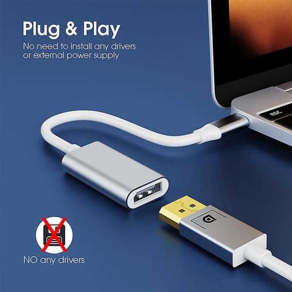USB C till adapter, 4K@60Hz typ C till DP, för Pro 2016,,, XPS 15, Galaxy [DB] silver
