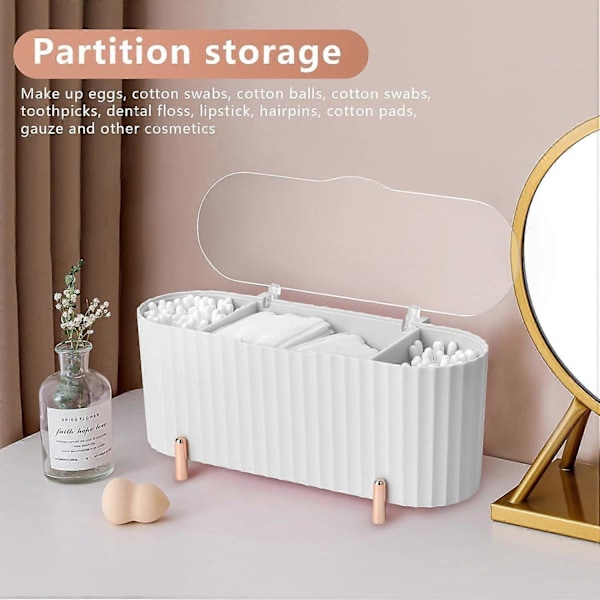 Bomuldspad Dispenser Holder, 3 Rum Bomuldspad Opbevaring, Vatpind Dispenser med Låg Opbevaringsboks til Toiletbord, Makeup Organizer Sæt db