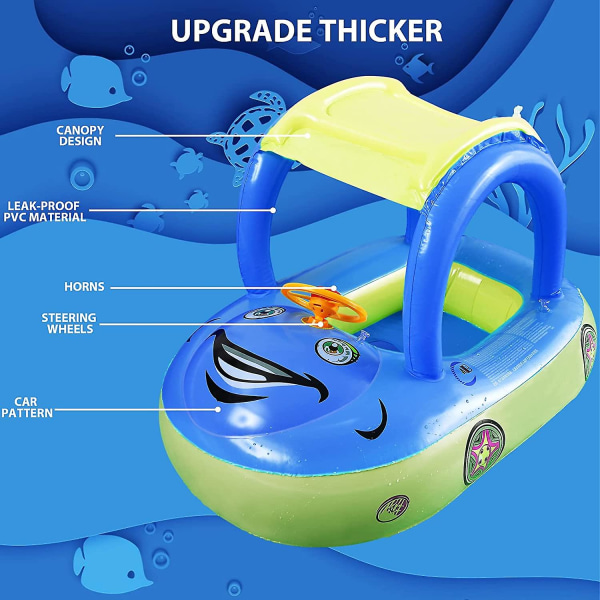 Baby oppblåsbar svømmebasseng flyte med baldakin, bil formet svømme flytebåt for spedbarn småbarn