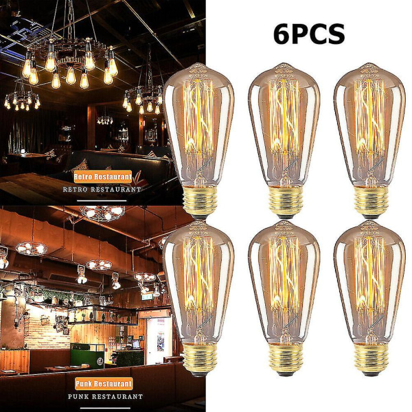 6 stk Vintage Retro St64 E27 Edison-pærer 40w Glødetrådspære Varm Hvit [DB]