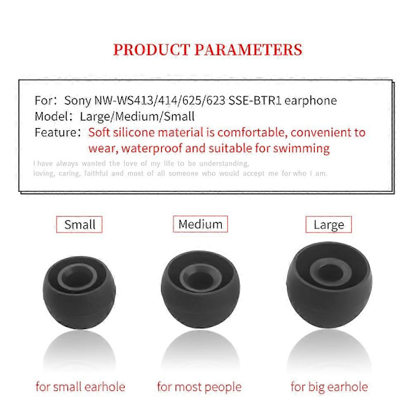 6 kpl Silikonisia Vedenpitäviä Korvakärkiä Sony NW-WS413 WS414 Korvakärjille WS625 WS623 SSE-BTR1 Kuulokkeille Uinti Vinkit Pehmeät Korvatulpat [DB] Black Medium-3pairs