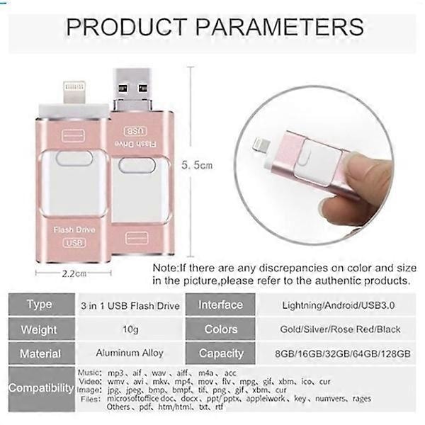 3 in 1 USB-muistitikku Laajennusmuisti OTG Pendrive IPhone IPad Android PC:lle [db] Black 128 GB