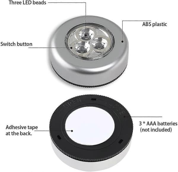 3 LED-lampor på batterier - Tryck för att tända - Vit ljus (6 st) db