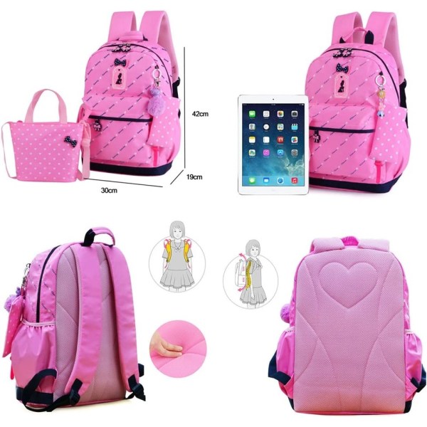 Hjärtutskrift Ryggsäcksset Bowknot Primary Schoolbag Travel Daypack Axelväska Flickryggsäck(rosa)