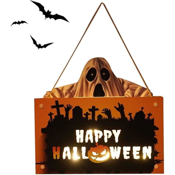 Spurleh Halloween trehengende skilt dekorasjonslys, Halloween Pumpkin Ghost Pendel Horror Atmosphere Door Light Ideell for hjem, hage, hjemsøkt