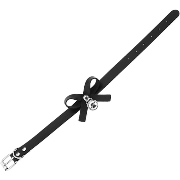 Svart Läder Fluga Halsband med Bjällra, Justerbart PU Halsband med Kedja Koppelsats [DB]