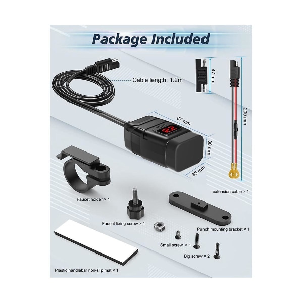 Motorcykeltelefonladdare, dubbel USB typ C Pd & Quick Charge 3.0 Motorcykel USB laddare med voltmet [DB] Black
