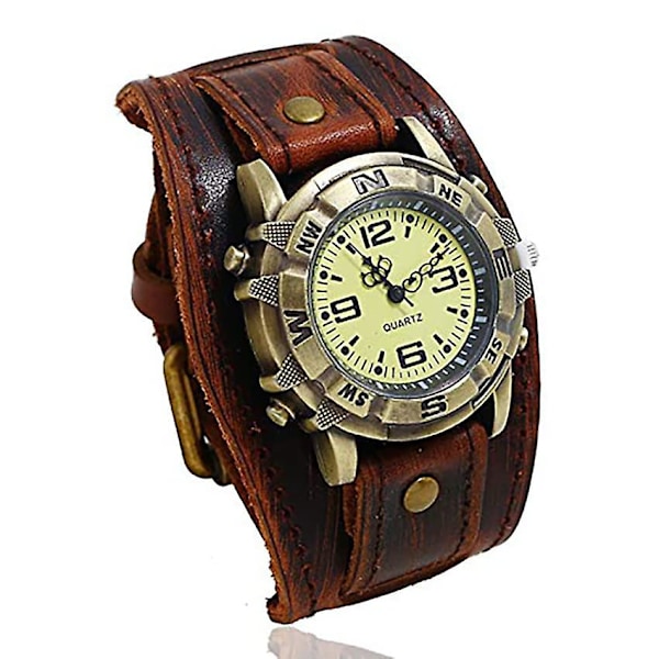 Mænds Retro Punk Ægte Læder Ur Armbånd Hip Hop Mode Alsidig {Db} vintage brown