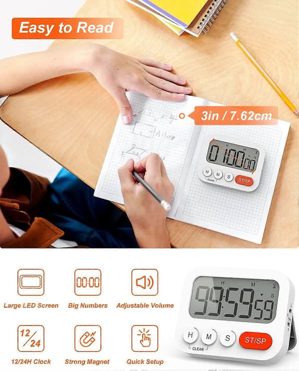 Digital Timer Äggklocka Digital Köksklocka med Klocka, Stoppur, Väckarklocka, Magnet, 3-nivåers Volym, LCD-Display för Studier, Matlagning, [Db]