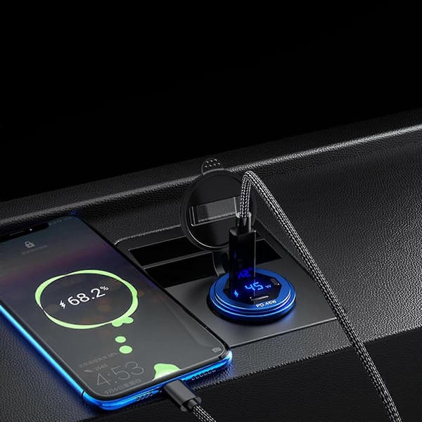 Metal 90w Dobbelt Type C Usb C Pd Hurtig Biloplader Med Spænding/effekt Display [DB] Blue