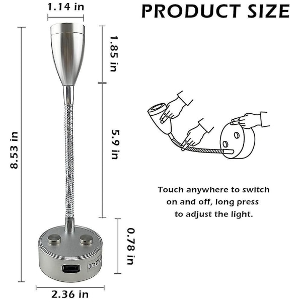 12v-24v LED-læselampe, Rv-dæmpbar læselampe med USB-oplader, til campingvogn, rejselastbil, trailer, Rv-sengelampe, 2 stk. - sort [DB] silver