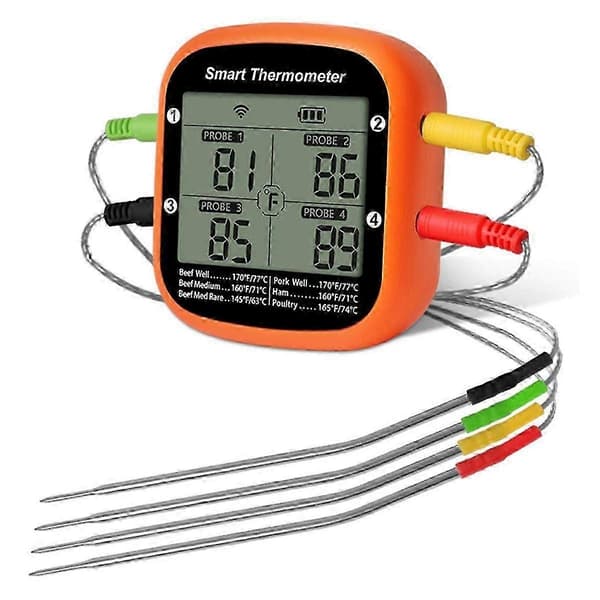 Trådlös Kötttermometer för Grillning Rökugn APP Digital Termometer med Fyra Prober Smart BBQ Mattermometer [DB] Orange