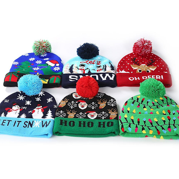 Julemand, Elg og Snemand Print LED Lys Beanie Strikket Hat Dekoration [DB] SNOW**