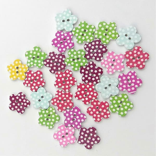 Træ prikkede blommeformede knapper til syning 200 stk. assorterede farver [DB]