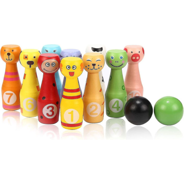 Set i trä Kägelleksaker med 10 djurnålar 2 bollar Pedagogisk leksakspresent för barn 2+ år och uppåt Db