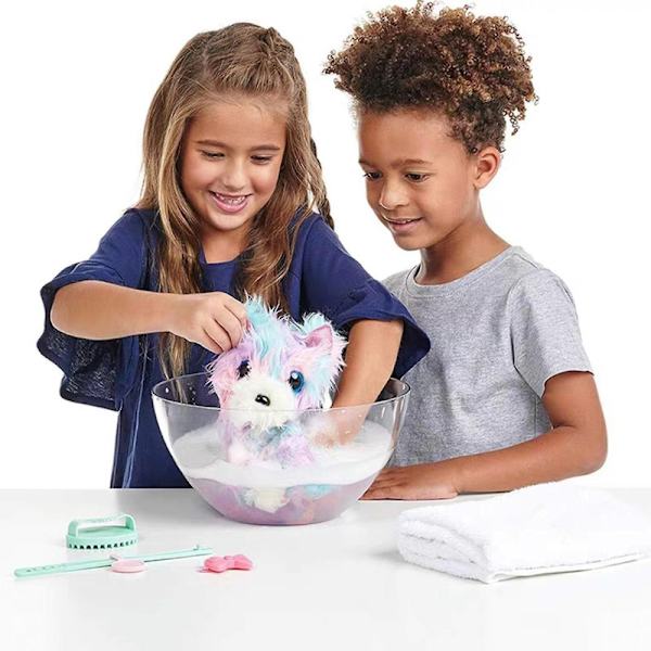 DB Surprise Cat Bath Dog Plyschleksak Little Live Pets, tvätta, sköt om Rädda en söt Pastell Regnbågsfärgad Plyschleksak, leksaker för barn yellow