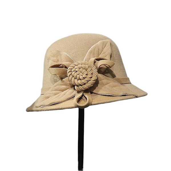Vinterhatt Bøtte Vintage Ull Beret Filt Cloche Hatt Med Blomst [DB] Camel