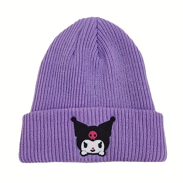 Sanrio Kuromi & Melody -kirjailtu pipo - Mukava puuvillasekoite neulottu pipo, joustava piirretty kallopipo naisille Purple Kulomi