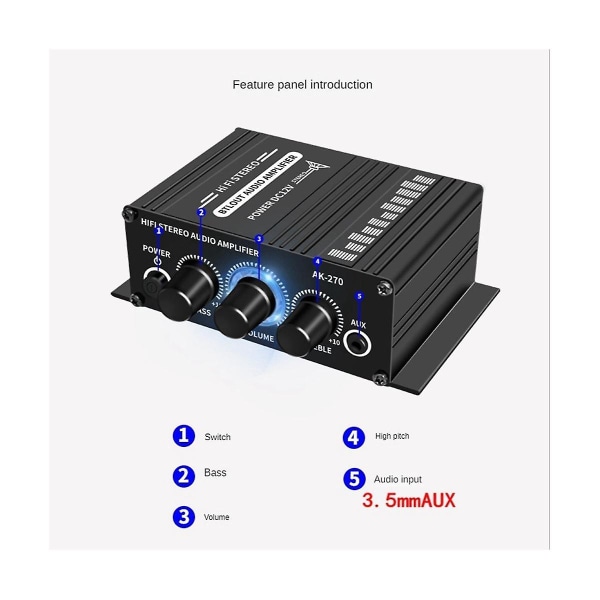 -270 Ak270 12v Mini Hifi Power Amplifier Audio Hjemmekino Forsterker 2 Kanals Forsterker Usb/sd Aux Inngang