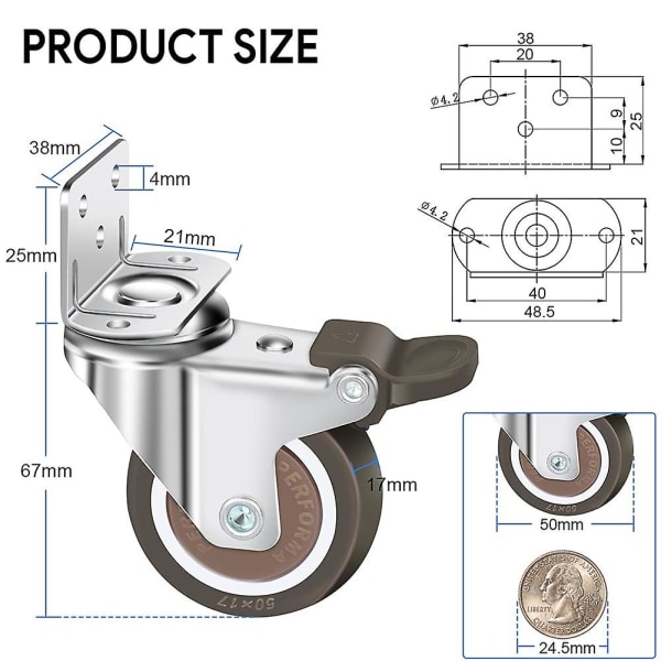 Sett med 4 svingbare hjul 50mm, 100kg møbelhjul, L-type møbelhjul med brems 360 rotasjon, for innendørs og utendørs (2 hjul med brems, 2