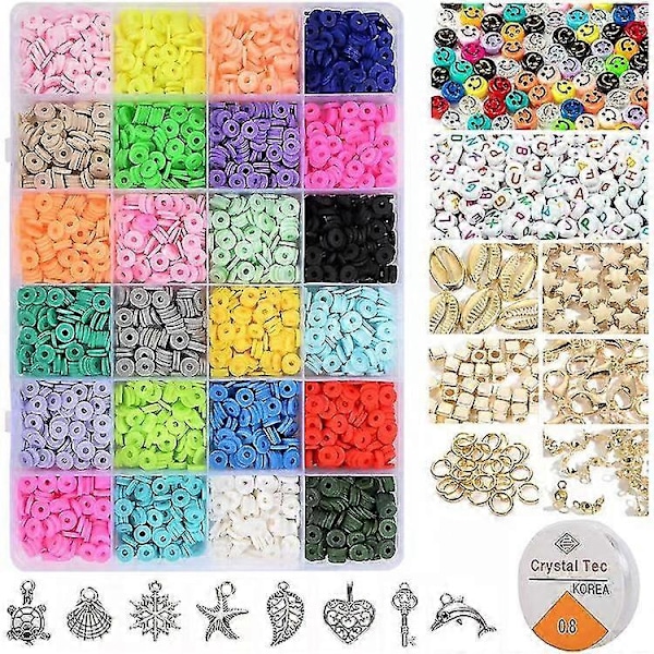 3000 stk Lerperler til Smykkefremstillingssæt, 24 Farver Spacer Heishi Perler Flade Runde Polymer Lerperler med Bogstavperler Smil DB