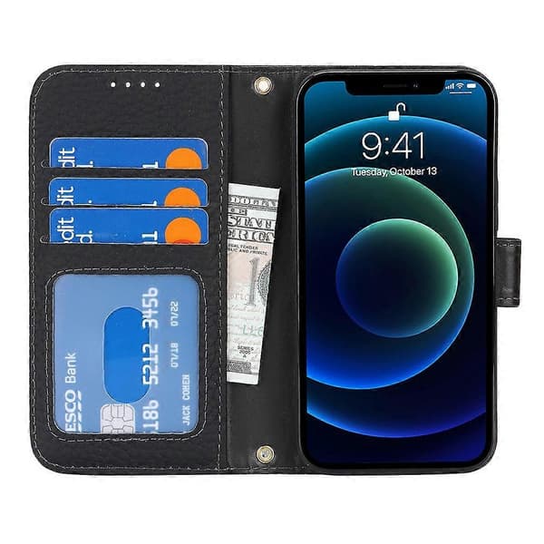 Kompatibelt för iPhone 13 mini Ställfodral Litchi Textur Äkta Läder Plånboksfodral RFID [DB] Black