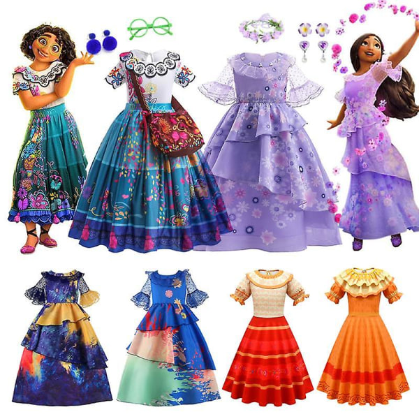 Disney Mirabel Isabela -asu tytöille, prinsessamekko, cosplay-asu, Encanto, karnevaali, syntymäpäiväjuhlat, seppeleen vaatteet, laukun koriste [DB] Red 9-10T (140)