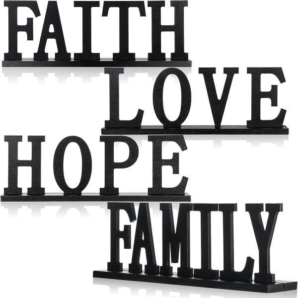 Love Faith Hope Family Wood Ordskilt - Rustikk utskjæringsbokstavskilt i tre (4 stykker)