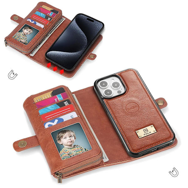 Lynlås Tegnebog Læder Etui Til iPhone 15 Plus [DB] Brown
