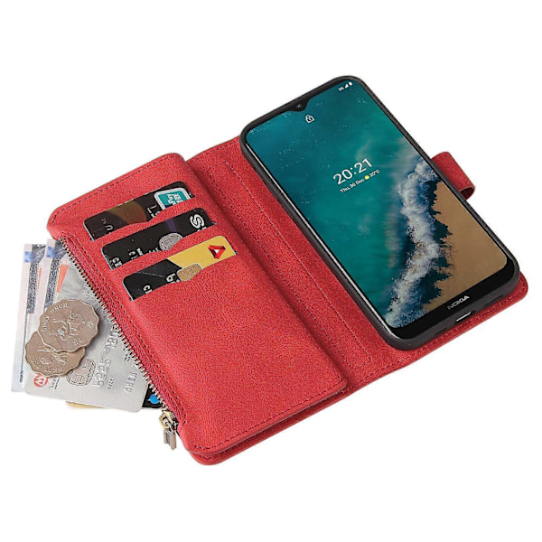 Kompatibel med Nokia G50 5G PU Læder Magnetisk Lukning Femten Kortpladser Lynlås Lomme Telefon Cover [DB] Red