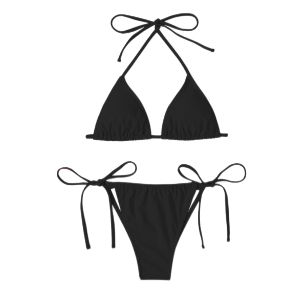 Blomstertrykk for kvinner Halter Triangle Tie Side Bikini Sett Todelt badedrakt (Sort Solid)