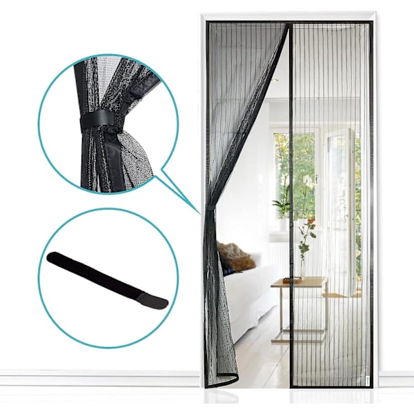 Magnetisk myggenet til dør, netgardin, automatisk lukning, holder frisk luft inde (120*220cm, sort)