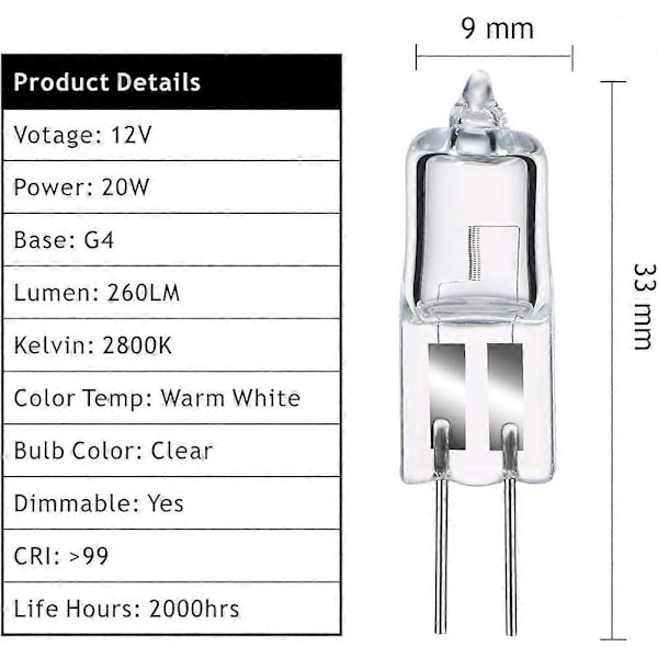 Halogenpærer G4 20W 12V, varm hvid 2800K, dæmpbar transparent kapsel 10 [Db]