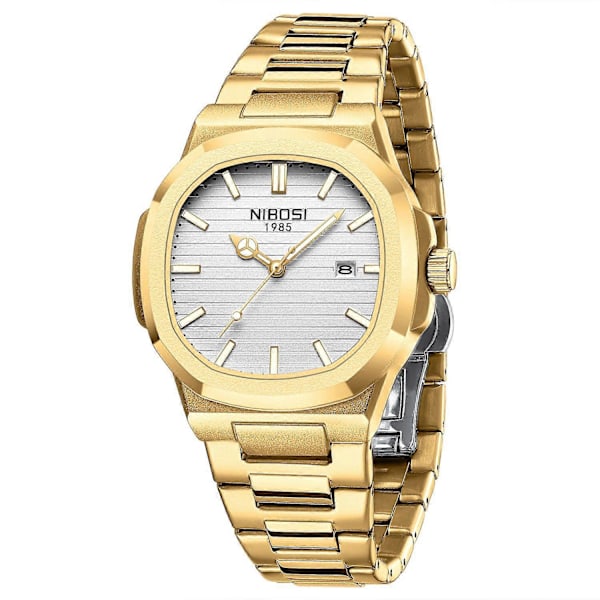NIBOSI 2632 Stilig Herre Armbåndsur Stållenke Lysende Kalender Quartz Klokke [DB] Multicolor Gold Strap/White Dial