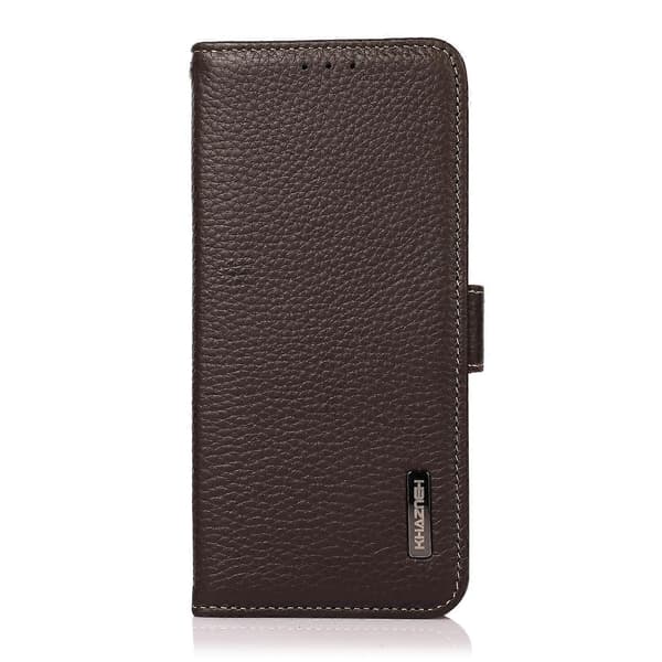 För iPhone 14 Pro Max KHAZNEH Sidomagnetiskt Litchi Läder RFID Telefonfodral [DB] Brown