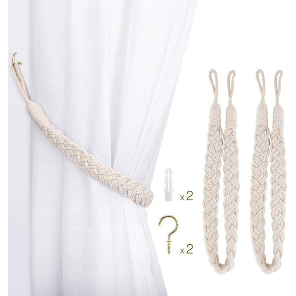 Gardinknot i bomull, 2 stk, vevd gardinpynt (beige)