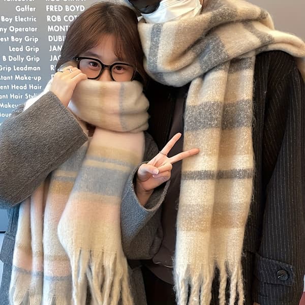 Cozy Stribet Chunky Halsklæde til Par - Blød Polyester, Varmt & Vindtæt Sjal til Efterår/Vinter, Moderigtigt Design db Beige Blue