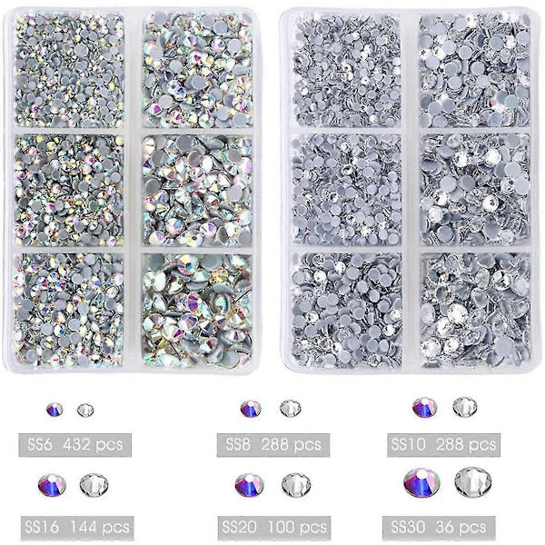 Sett med hotfix-stein og runde, flate baksider i farget glass med krystallklar og transparent AB i 6 størrelser og 12 farger - Rhinestones for håndverk DB