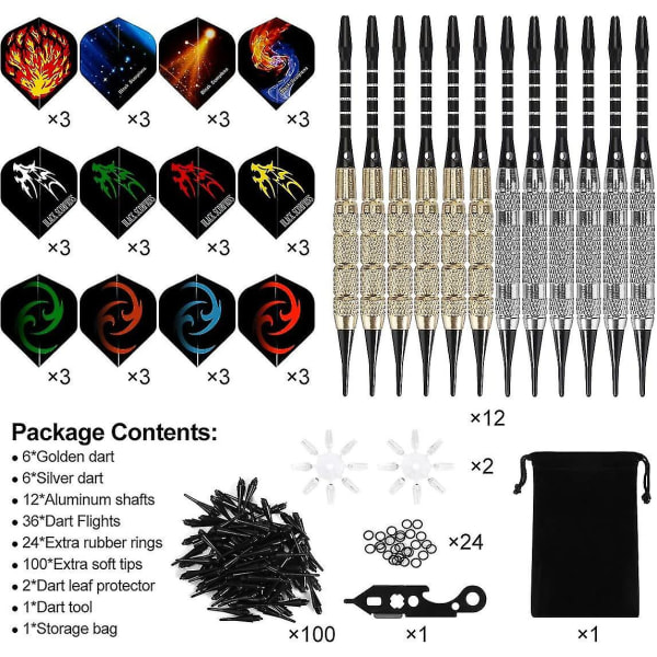 Plastspidspile, 18 g blødt spidspilesæt til elektronisk dartskive, 12 dartpile med 36 fly og 100 spidser, 20 gummi O-ringe