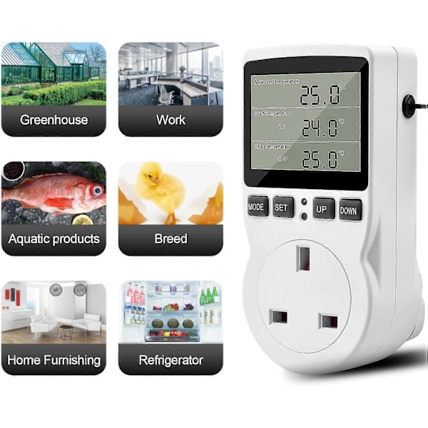 Digital Termostat, 230V Temperaturregulator Stikkontakt, 13A Timer Switch Stik med Sensor til Reptil Drivhus Hjemmefermentering db EU