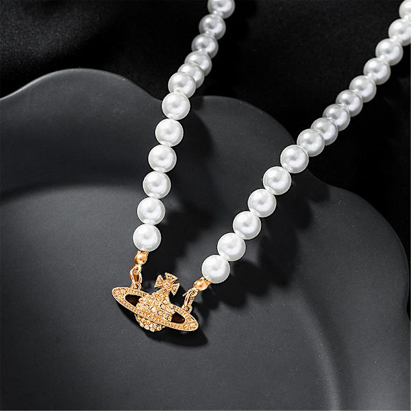 Rhinestone Saturn -riipus kaulakoru naisille, imitaatiohelmi Choker Clavicle -ketju lahja [db] Gold