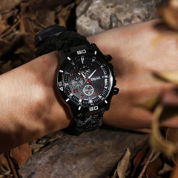 Survival Paracord Nødsituation Overlevelsesarmbånd, Mænd & Kvinder Med Ur/fløjte/ildstarter/skraber/kompas Og Termometer, 6 I 1 Multifunktionel Udendørs