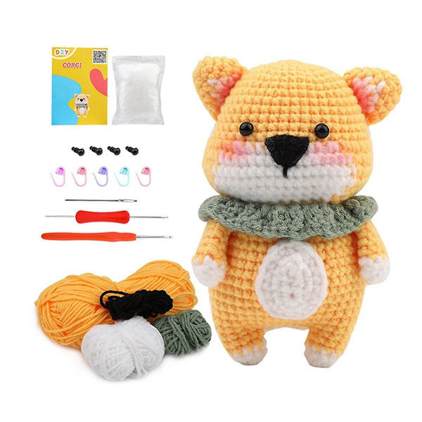Komplette hæklekits til begyndere, Diy tørklæde Shiba Inu hæklesæt med strikke markører nem garnkugle, instruktion