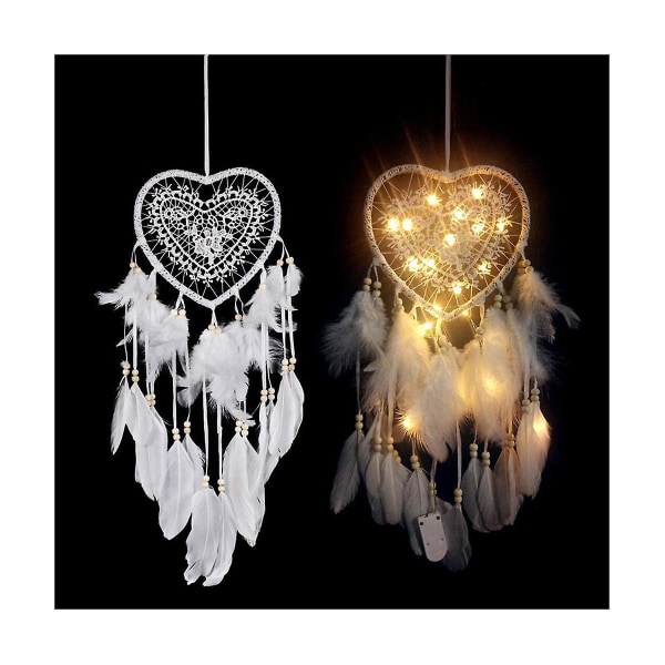 Hjerte Boho drømmefanger, med led lys Hjerteformet drømmefanger anheng Boho stil dekorasjon for jenter Gaver