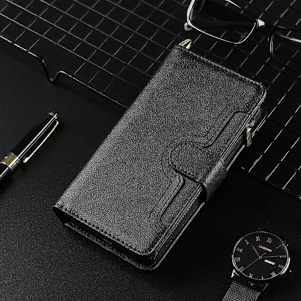 Etui til Motorola Edge 20 Fusion Cover Lynlås Magnetisk Pung Kortholder PU Læder Flip Etui [DB] Black A