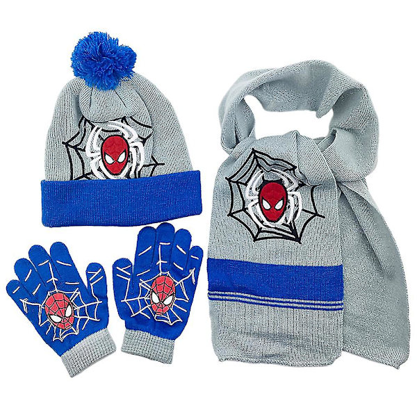3 st Barn Pojkar Flickor Spiderman Mössa Halsduk Vantar Spider-man Höst Vinter Varma Stickade Set 3-8 År [DB] Grey Blue