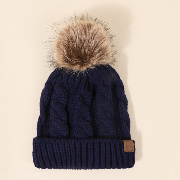 Vinter Oversized Ensfarget Kabelstrikket Pom Pom Beanie, Valentinsgave til henne db navy blue One Size Fits All