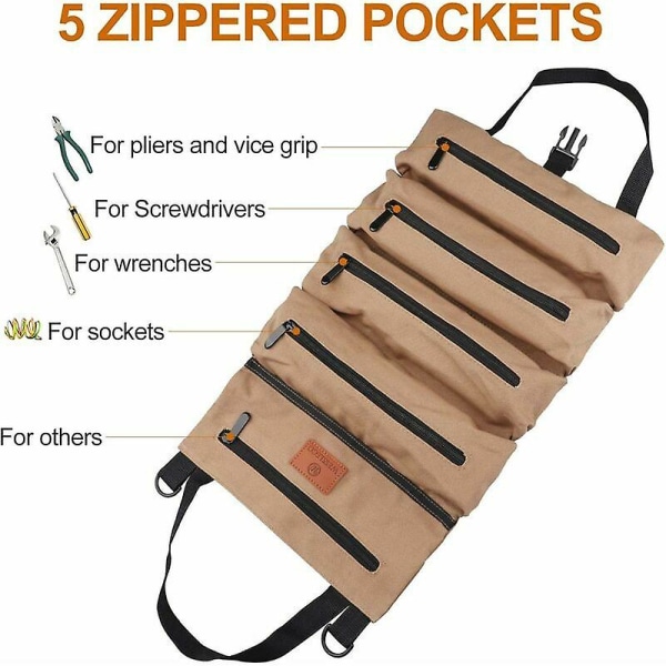 Roll Up -työkalulaukku 5 vetoketjutaskulla Canvas Monikäyttöinen työkalulaukku sähköasentajalle, LVI-asentajalle, putkimiehelle, puuseppälle tai mekaanikolle (khaki)